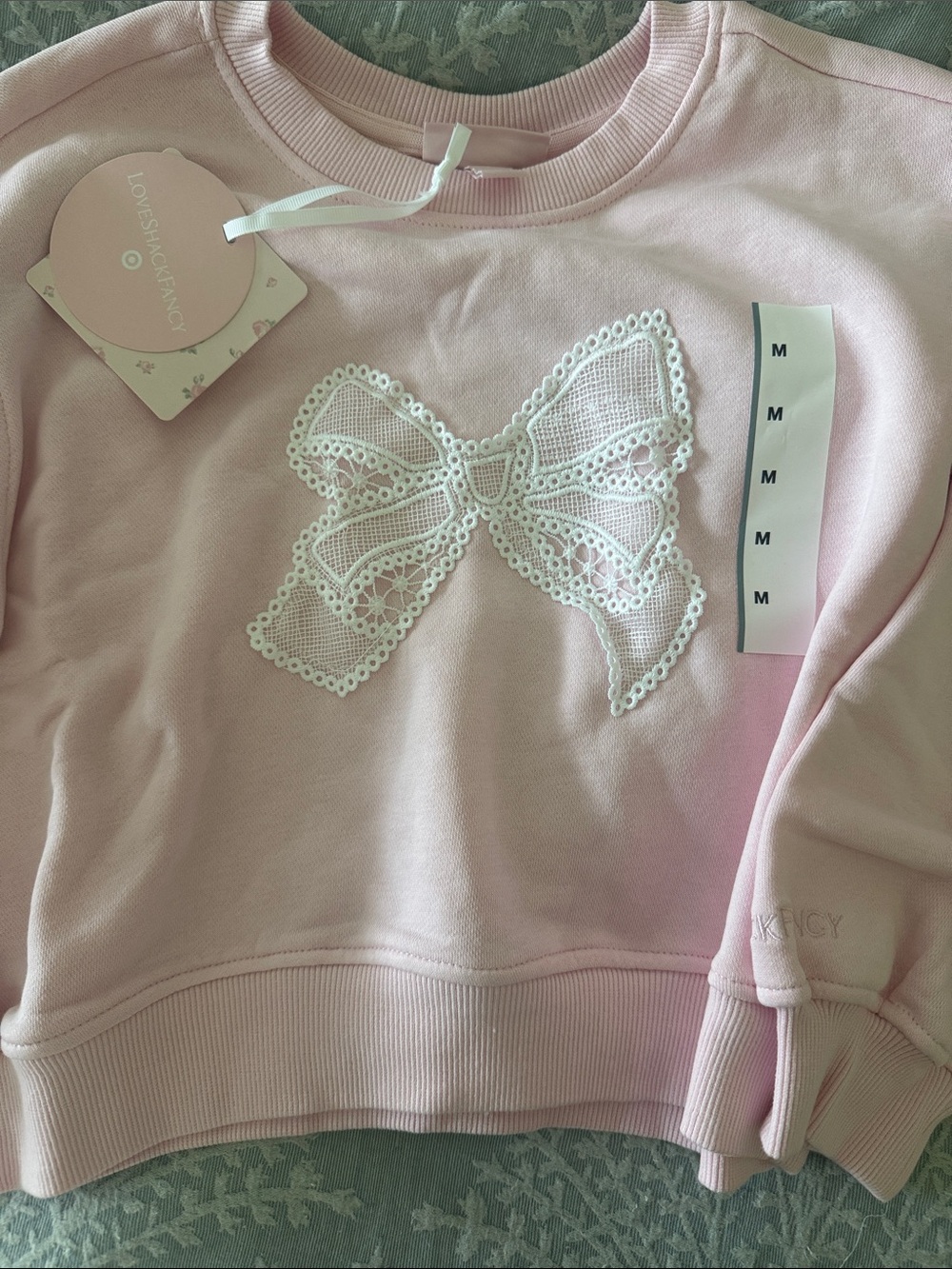 LoveShackFancy Pink Girls Ella Sweater with White Lace Bow Applique